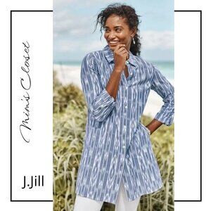 J.JILL  Pure Jill Ikat Tunic Blue and White Button Down Cotton Tunic Large